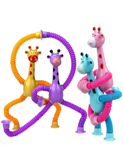 Telescopic Giraffe Suction Cup Toy for Toddlers – 4-Pack Pop Tubes Baby Sensory Toys, Fine Motor Skills & Creative Learning, Autism Fidget Toy, Perfect Party Favors & Gifts for Children