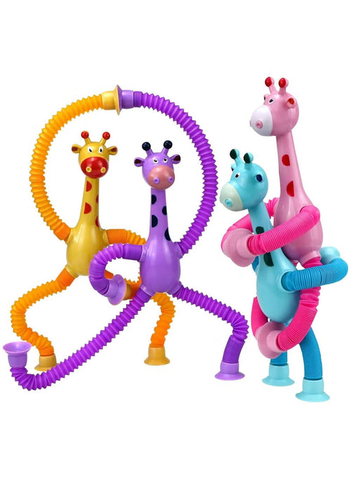 Telescopic Giraffe Suction Cup Toy for Toddlers – 4-Pack Pop Tubes Baby Sensory Toys, Fine Motor Skills & Creative Learning, Autism Fidget Toy, Perfect Party Favors & Gifts for Children