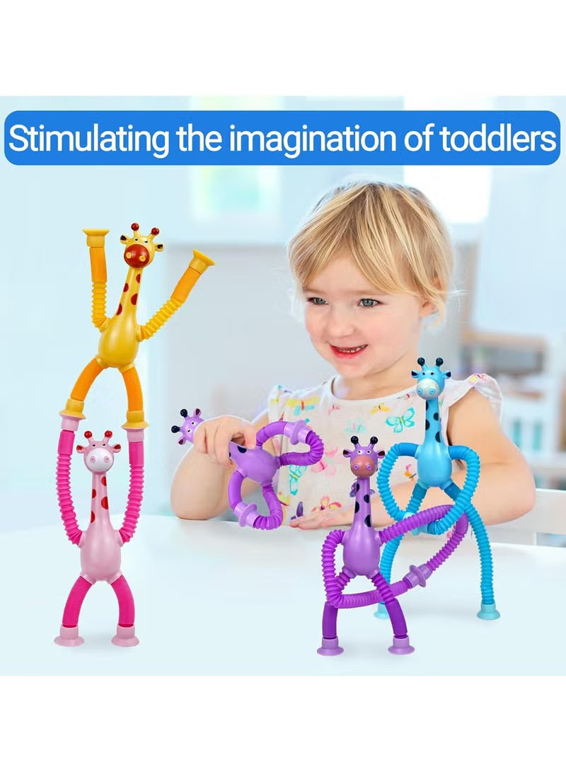Telescopic Giraffe Suction Cup Toy for Toddlers – 4-Pack Pop Tubes Baby Sensory Toys, Fine Motor Skills & Creative Learning, Autism Fidget Toy, Perfect Party Favors & Gifts for Children